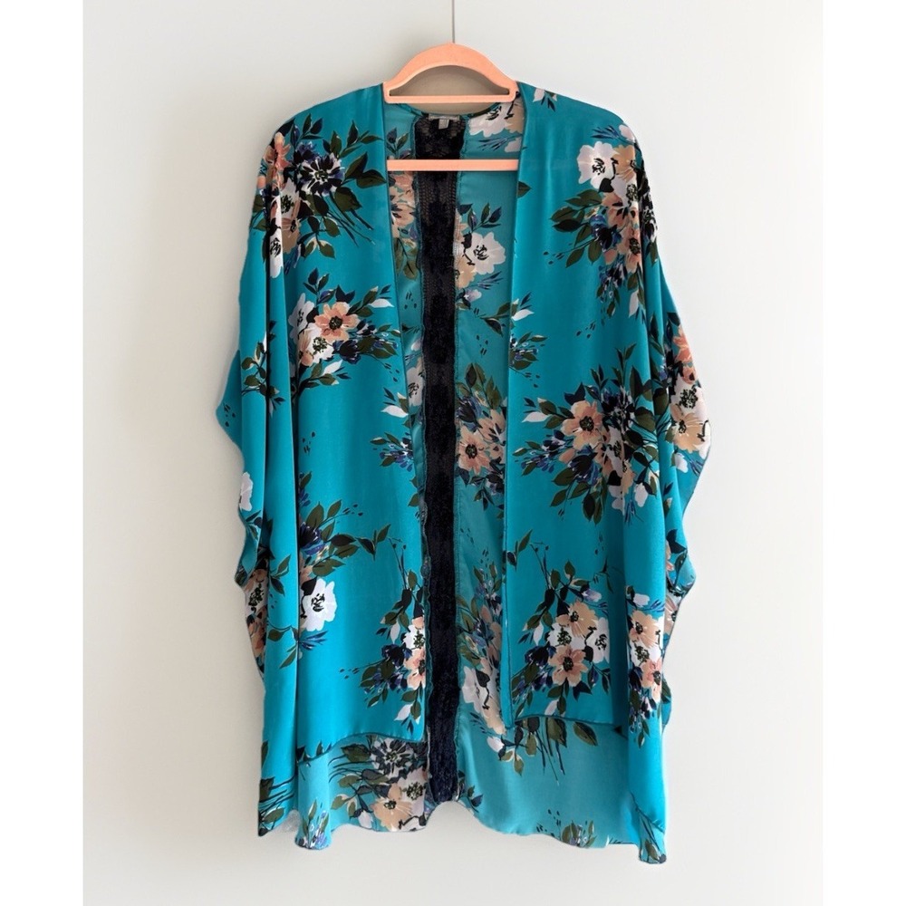 Floral Kimono Cardigan Lace Crochet Sheer Cottage Beach Boho Open Front Duster M